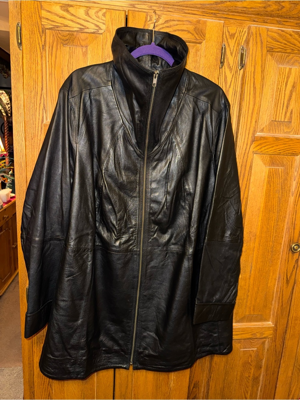Roaman's Black Leather Zip-Front Funnel-Collar Jacket
